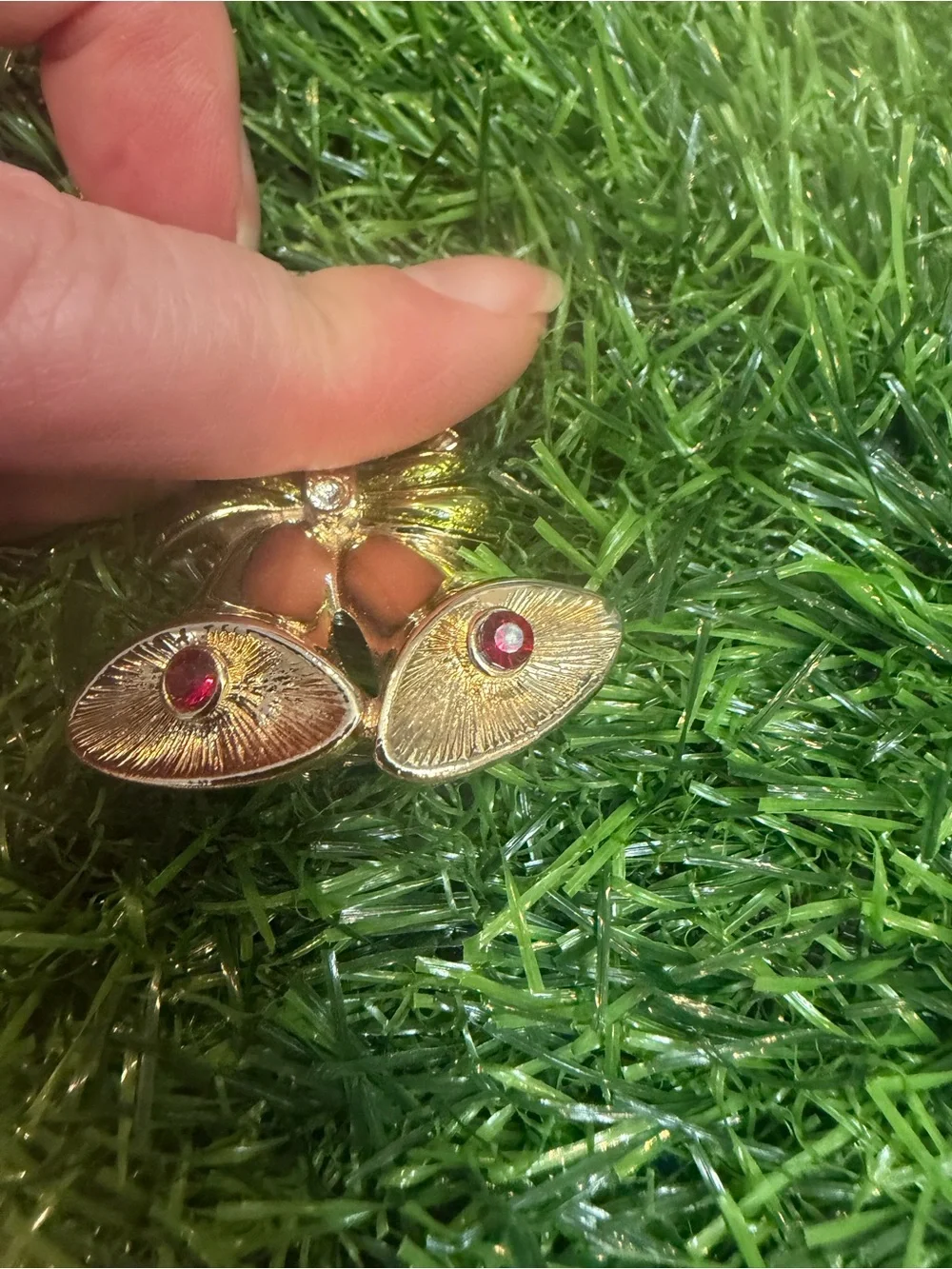 Vintage Gold Tone Double Bell Brooch with Green Bow and Red Accents